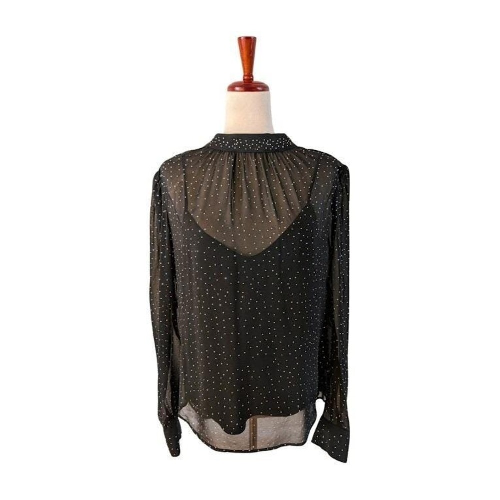 Veronica Beard Black Sheer‎ Beaded Mock Neck Bow Back Long Sleeve Blouse Size 8
